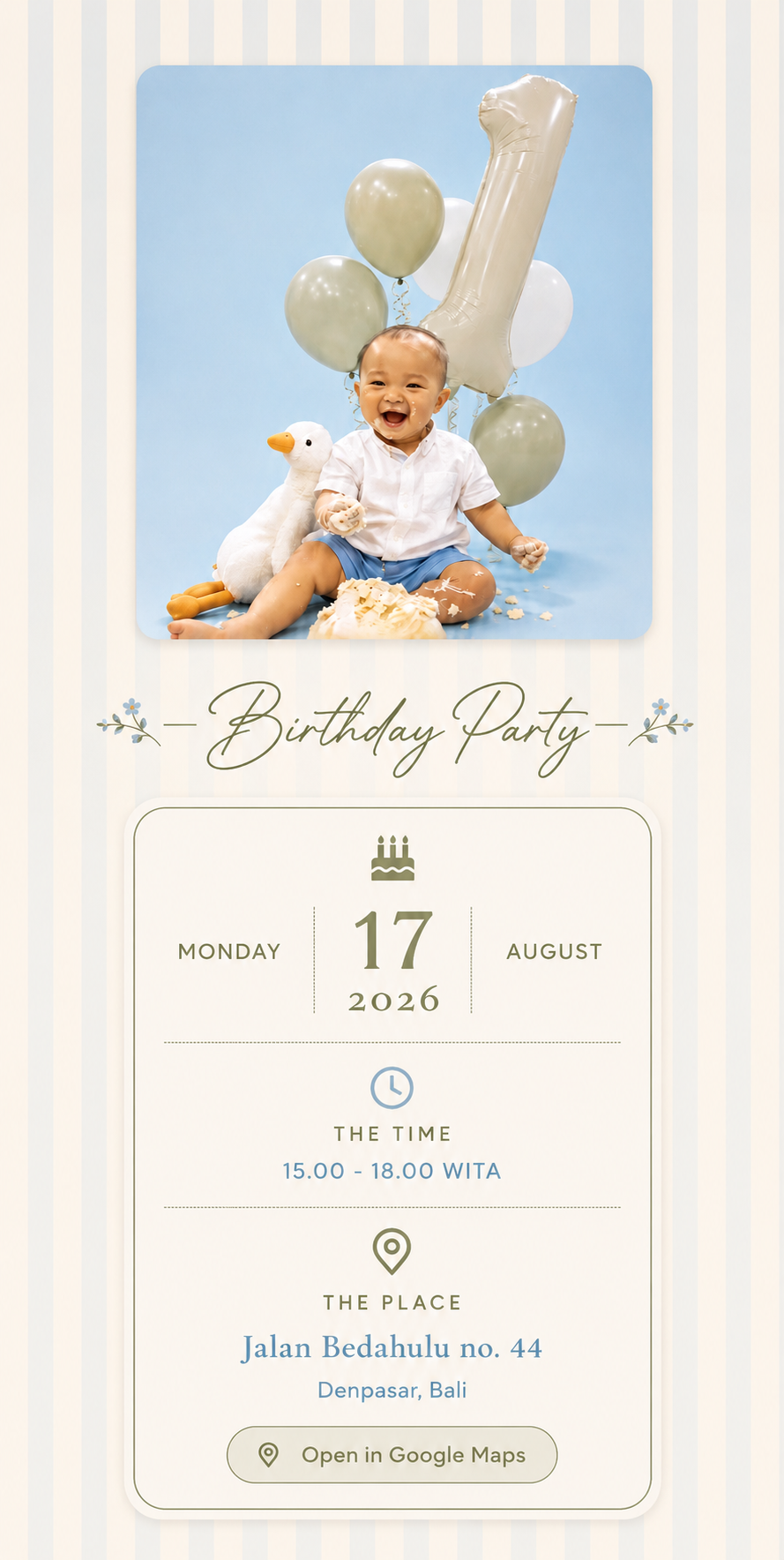 Birthday Party — Monday 17 August 2026, 15.00–18.00 WITA, Jalan Bedahulu no. 44, Denpasar