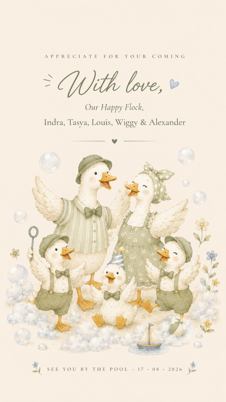 With love, our Happy Flock — Indra, Tasya, Louis, Wiggy and Alexander. See you by the pool.