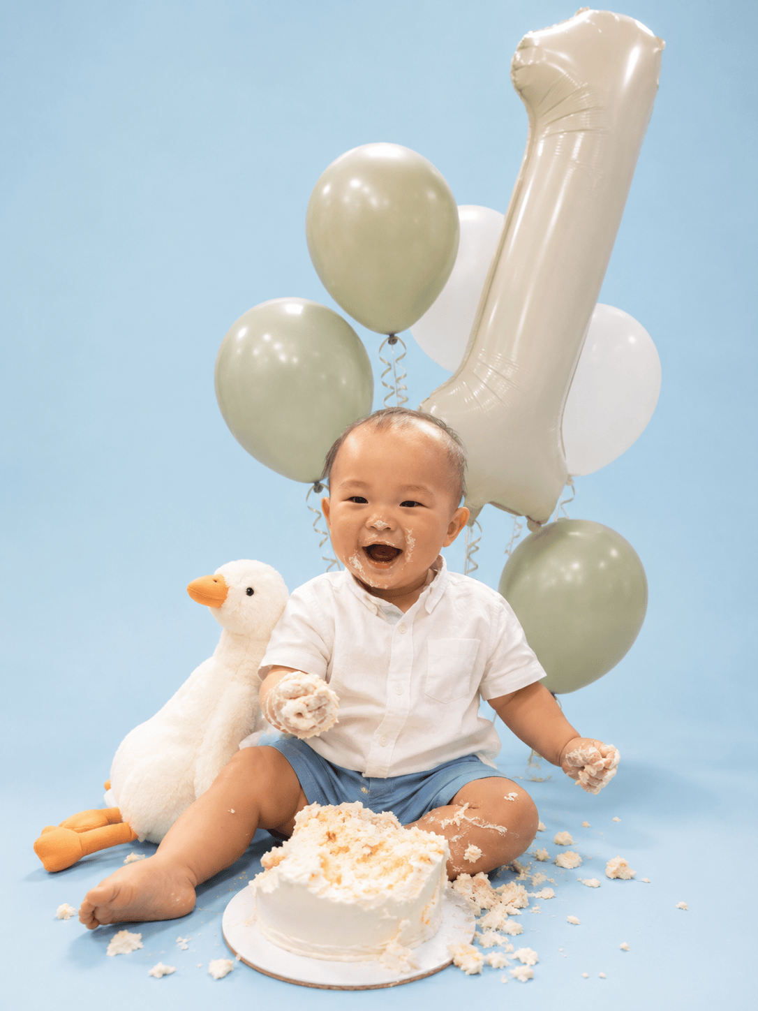 Alexander celebrating his first birthday with a cake smash, beside his goose plush and a sage number-one balloon
